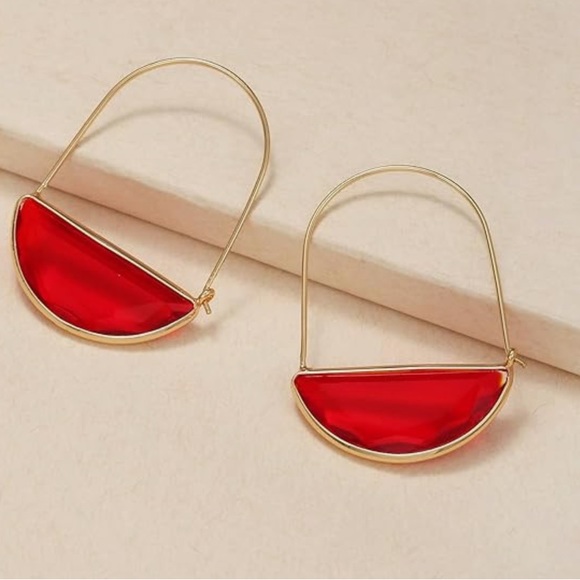 Red & Goldtone Half-Round Hoop Water Drop Retro Festival, Bohemian Earrings - Picture 4 of 4
